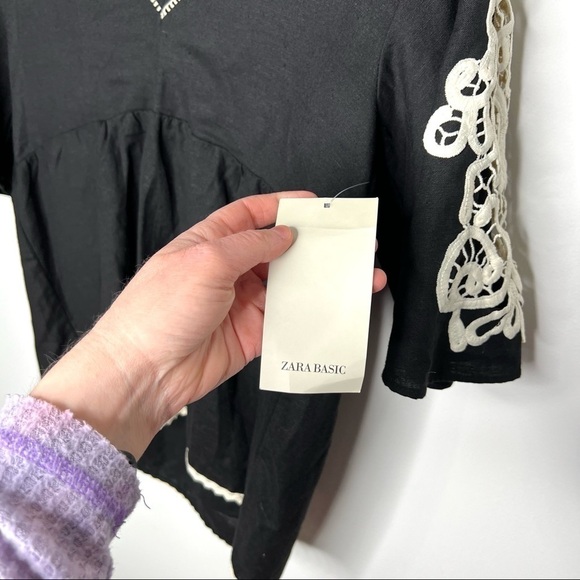 Zara Baby Doll Short Sleeve Blouse with White Embroidery Size Small - Picture 3 of 15